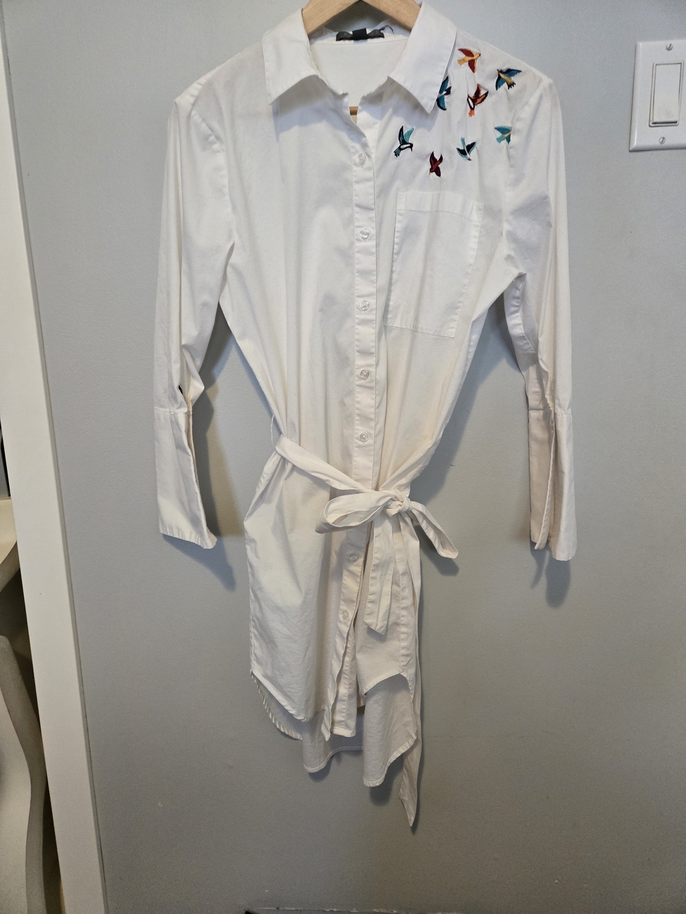 White Shirt Dress with Multicolor Bird Embroidery